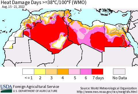 North Africa Heat Damage Days >=38°C/100°F (WMO) Thematic Map For 8/15/2022 - 8/21/2022