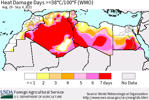 North Africa Heat Damage Days >=38°C/100°F (WMO) Thematic Map For 8/29/2022 - 9/4/2022