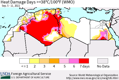 North Africa Heat Damage Days >=38°C/100°F (WMO) Thematic Map For 9/5/2022 - 9/11/2022
