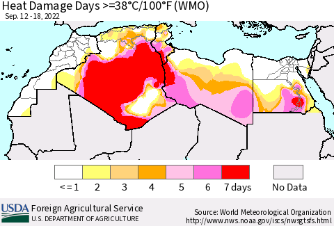 North Africa Heat Damage Days >=38°C/100°F (WMO) Thematic Map For 9/12/2022 - 9/18/2022