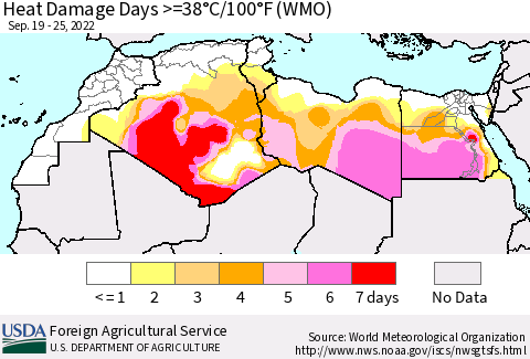North Africa Heat Damage Days >=38°C/100°F (WMO) Thematic Map For 9/19/2022 - 9/25/2022