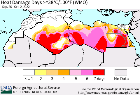 North Africa Heat Damage Days >=38°C/100°F (WMO) Thematic Map For 9/26/2022 - 10/2/2022