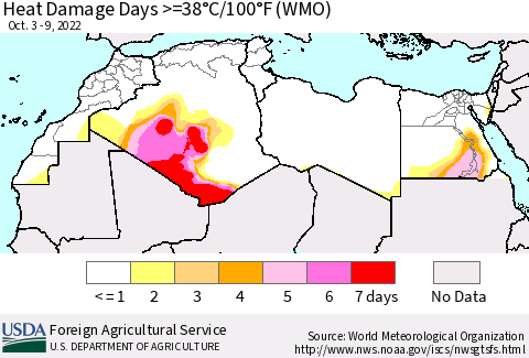 North Africa Heat Damage Days >=38°C/100°F (WMO) Thematic Map For 10/3/2022 - 10/9/2022