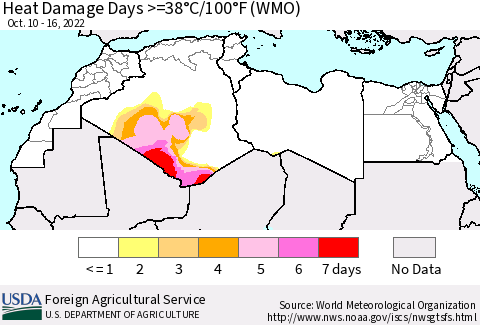 North Africa Heat Damage Days >=38°C/100°F (WMO) Thematic Map For 10/10/2022 - 10/16/2022