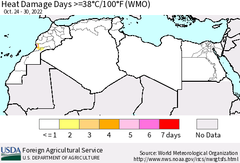 North Africa Heat Damage Days >=38°C/100°F (WMO) Thematic Map For 10/24/2022 - 10/30/2022