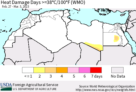 North Africa Heat Damage Days >=38°C/100°F (WMO) Thematic Map For 2/27/2023 - 3/5/2023