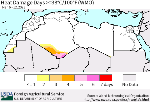 North Africa Heat Damage Days >=38°C/100°F (WMO) Thematic Map For 3/6/2023 - 3/12/2023