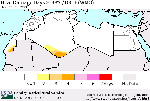 North Africa Heat Damage Days >=38°C/100°F (WMO) Thematic Map For 3/13/2023 - 3/19/2023