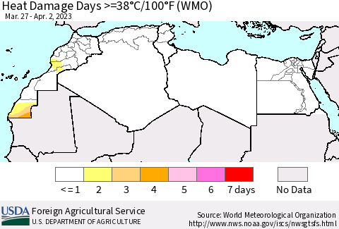 North Africa Heat Damage Days >=38°C/100°F (WMO) Thematic Map For 3/27/2023 - 4/2/2023