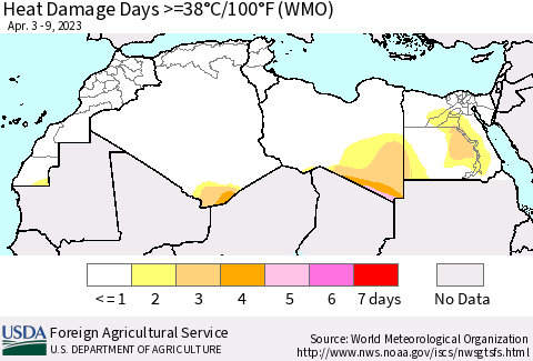 North Africa Heat Damage Days >=38°C/100°F (WMO) Thematic Map For 4/3/2023 - 4/9/2023