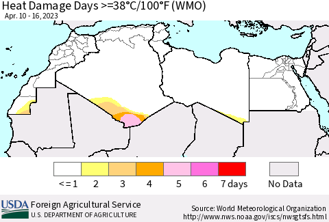 North Africa Heat Damage Days >=38°C/100°F (WMO) Thematic Map For 4/10/2023 - 4/16/2023