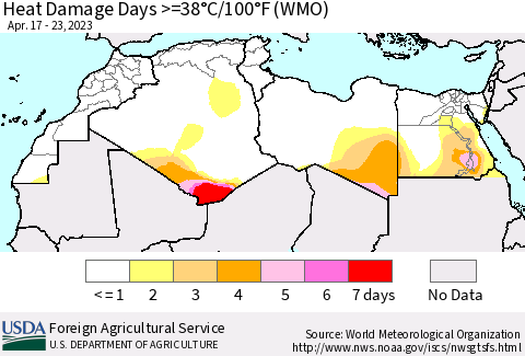 North Africa Heat Damage Days >=38°C/100°F (WMO) Thematic Map For 4/17/2023 - 4/23/2023