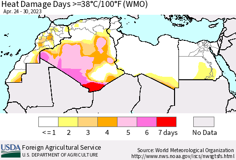 North Africa Heat Damage Days >=38°C/100°F (WMO) Thematic Map For 4/24/2023 - 4/30/2023