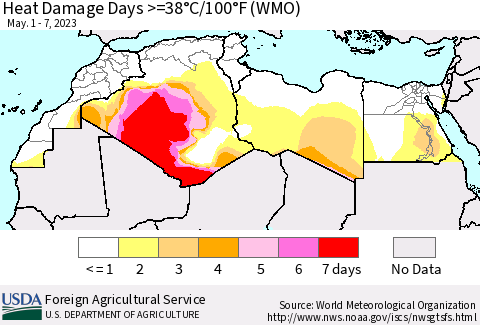 North Africa Heat Damage Days >=38°C/100°F (WMO) Thematic Map For 5/1/2023 - 5/7/2023