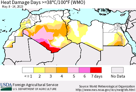 North Africa Heat Damage Days >=38°C/100°F (WMO) Thematic Map For 5/8/2023 - 5/14/2023
