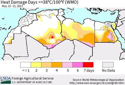 North Africa Heat Damage Days >=38°C/100°F (WMO) Thematic Map For 5/15/2023 - 5/21/2023