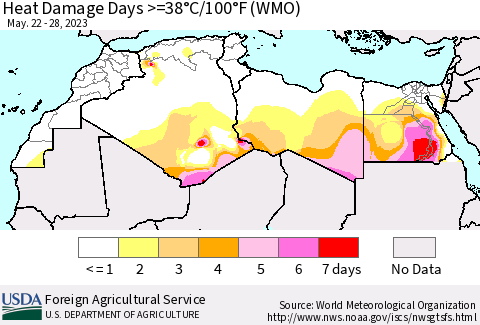 North Africa Heat Damage Days >=38°C/100°F (WMO) Thematic Map For 5/22/2023 - 5/28/2023