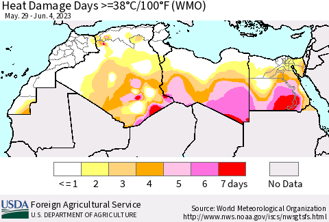 North Africa Heat Damage Days >=38°C/100°F (WMO) Thematic Map For 5/29/2023 - 6/4/2023