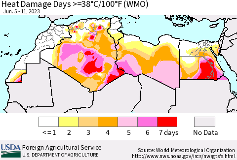 North Africa Heat Damage Days >=38°C/100°F (WMO) Thematic Map For 6/5/2023 - 6/11/2023