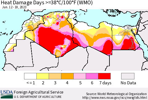 North Africa Heat Damage Days >=38°C/100°F (WMO) Thematic Map For 6/12/2023 - 6/18/2023