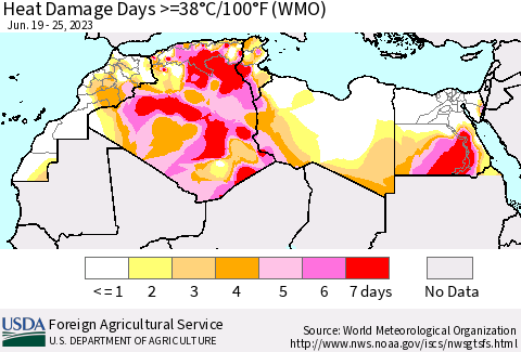 North Africa Heat Damage Days >=38°C/100°F (WMO) Thematic Map For 6/19/2023 - 6/25/2023