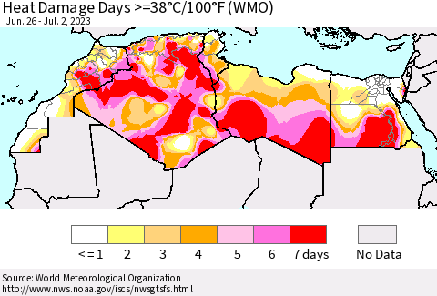 North Africa Heat Damage Days >=38°C/100°F (WMO) Thematic Map For 6/26/2023 - 7/2/2023
