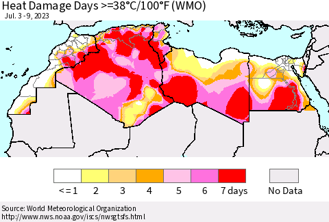 North Africa Heat Damage Days >=38°C/100°F (WMO) Thematic Map For 7/3/2023 - 7/9/2023