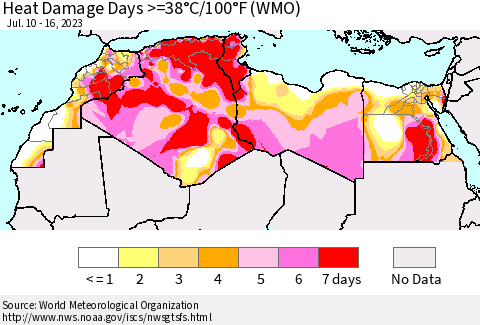 North Africa Heat Damage Days >=38°C/100°F (WMO) Thematic Map For 7/10/2023 - 7/16/2023