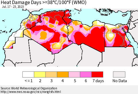 North Africa Heat Damage Days >=38°C/100°F (WMO) Thematic Map For 7/17/2023 - 7/23/2023