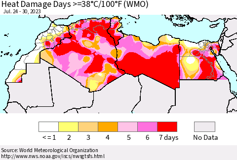 North Africa Heat Damage Days >=38°C/100°F (WMO) Thematic Map For 7/24/2023 - 7/30/2023