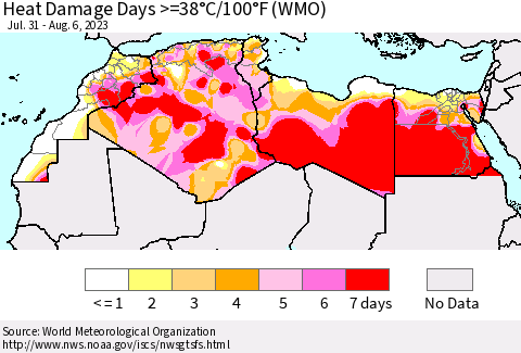 North Africa Heat Damage Days >=38°C/100°F (WMO) Thematic Map For 7/31/2023 - 8/6/2023