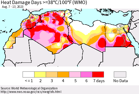 North Africa Heat Damage Days >=38°C/100°F (WMO) Thematic Map For 8/7/2023 - 8/13/2023