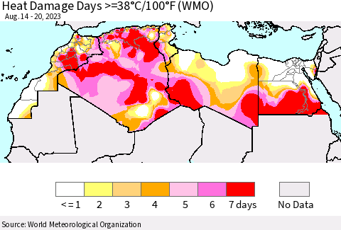 North Africa Heat Damage Days >=38°C/100°F (WMO) Thematic Map For 8/14/2023 - 8/20/2023