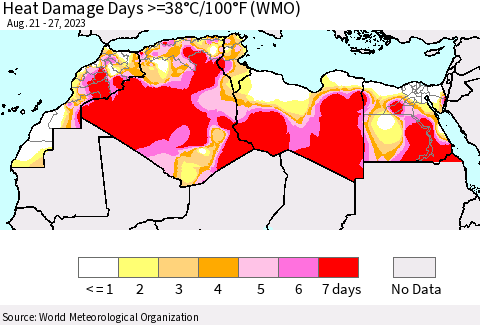 North Africa Heat Damage Days >=38°C/100°F (WMO) Thematic Map For 8/21/2023 - 8/27/2023