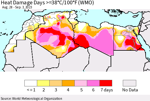 North Africa Heat Damage Days >=38°C/100°F (WMO) Thematic Map For 8/28/2023 - 9/3/2023