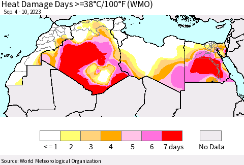 North Africa Heat Damage Days >=38°C/100°F (WMO) Thematic Map For 9/4/2023 - 9/10/2023