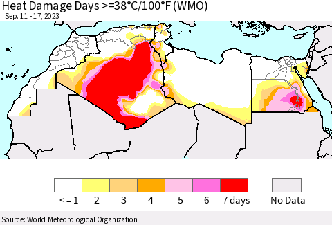 North Africa Heat Damage Days >=38°C/100°F (WMO) Thematic Map For 9/11/2023 - 9/17/2023