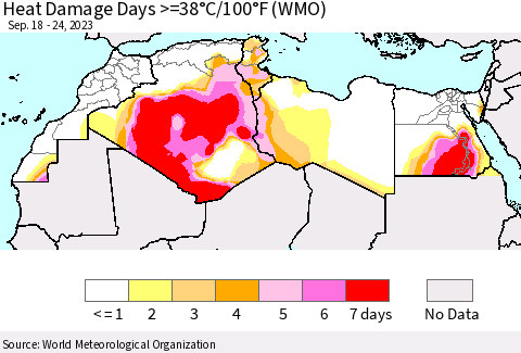 North Africa Heat Damage Days >=38°C/100°F (WMO) Thematic Map For 9/18/2023 - 9/24/2023