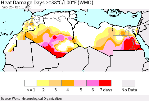 North Africa Heat Damage Days >=38°C/100°F (WMO) Thematic Map For 9/25/2023 - 10/1/2023