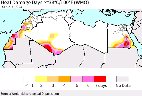 North Africa Heat Damage Days >=38°C/100°F (WMO) Thematic Map For 10/2/2023 - 10/8/2023