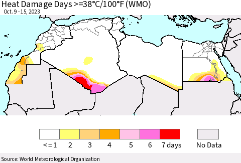 North Africa Heat Damage Days >=38°C/100°F (WMO) Thematic Map For 10/9/2023 - 10/15/2023