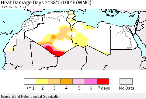 North Africa Heat Damage Days >=38°C/100°F (WMO) Thematic Map For 10/16/2023 - 10/22/2023