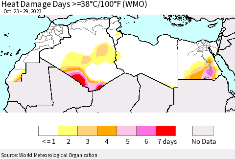 North Africa Heat Damage Days >=38°C/100°F (WMO) Thematic Map For 10/23/2023 - 10/29/2023