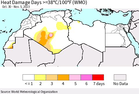 North Africa Heat Damage Days >=38°C/100°F (WMO) Thematic Map For 10/30/2023 - 11/5/2023