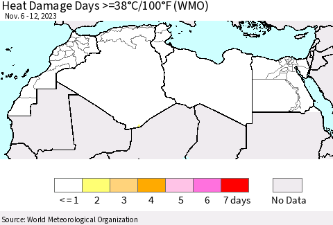 North Africa Heat Damage Days >=38°C/100°F (WMO) Thematic Map For 11/6/2023 - 11/12/2023
