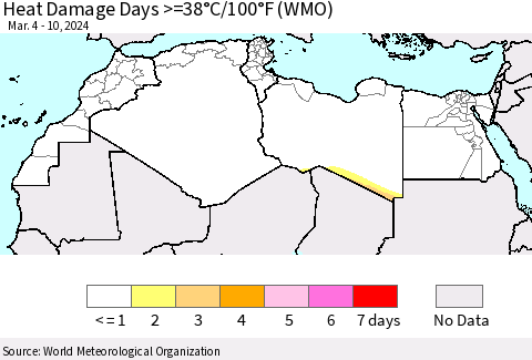 North Africa Heat Damage Days >=38°C/100°F (WMO) Thematic Map For 3/4/2024 - 3/10/2024