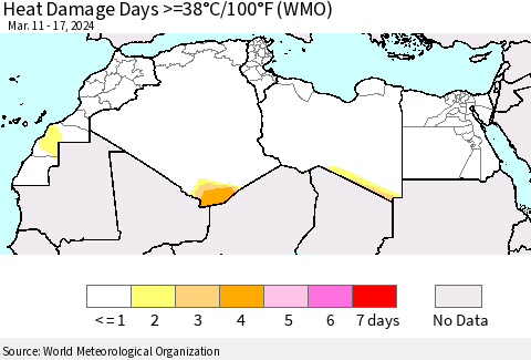 North Africa Heat Damage Days >=38°C/100°F (WMO) Thematic Map For 3/11/2024 - 3/17/2024
