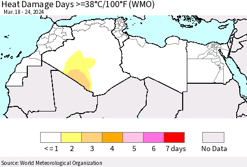 North Africa Heat Damage Days >=38°C/100°F (WMO) Thematic Map For 3/18/2024 - 3/24/2024