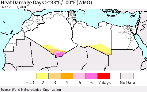 North Africa Heat Damage Days >=38°C/100°F (WMO) Thematic Map For 3/25/2024 - 3/31/2024