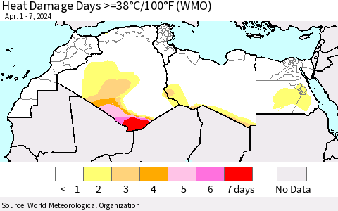 North Africa Heat Damage Days >=38°C/100°F (WMO) Thematic Map For 4/1/2024 - 4/7/2024